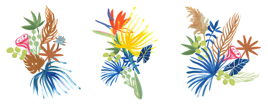 Modern set of bouquets with bright tropical dried flowers and strelitzia flower painted in gouache using dry brush technique isolated on white background for postcard posters and print design