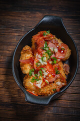 Meat stew with baked potatoes- hunter style. Fastfood- restaurant concept
