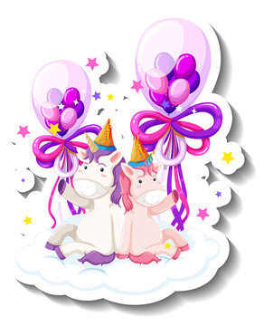 Happy unicorn with balloons in party theme