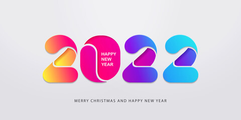 Happy New Year 2022 logo text design in paper cut style for seasonal holidays flyers, greetings and invitations, christmas themed congratulations and cards. Design for social media, promotion and sale