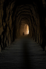 Fototapeta premium human shilouette walking inside a deep and dark tunnel carved in the stone