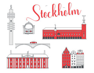 Stockholm city elements with buildings and landmarks - obrazy, fototapety, plakaty