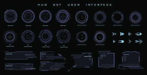 Targets Set. Scopes and navigation elements for the game HUD interface. Dialog boxes. Set futuristic HUD frames and titles, UI UX for HUD UI. Video game elements