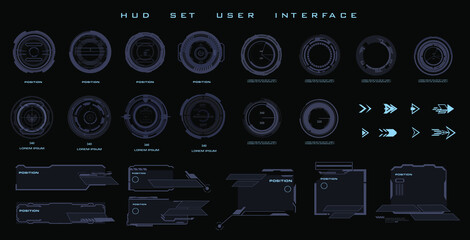 Targets Set. Scopes and navigation elements for the game HUD interface. Dialog boxes. Set futuristic HUD frames and titles, UI UX for HUD UI. Video game elements
