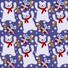 Seamless winter Christmas pattern with white bears on blue background for fabrics and textiles 