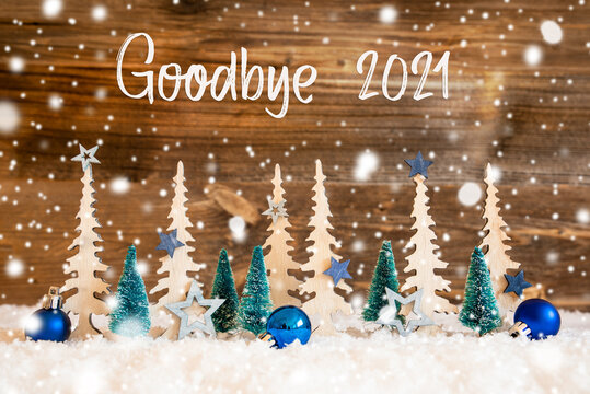 Christmas Tree, Snow, Blue Star, Goodbye 2021, Wooden Background, Snowflakes