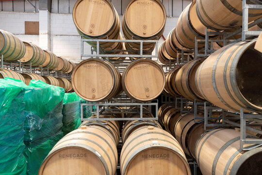 Barrels are stacked at the Renegade Urban Winery in London