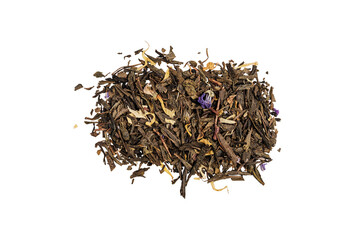 Herbal green tea blend. Isolate on a white background. Close-up. top view. Copy space