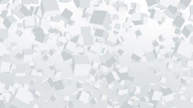 Many cubes floating in air on white background. Business concept. Symbol of digital technology. 3D loop animation.