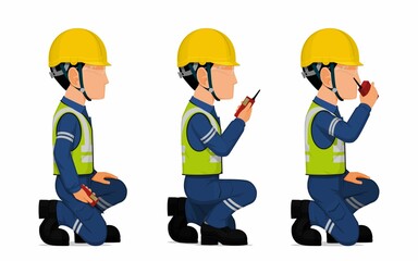 Set of worker is holding a walkie-talkie - obrazy, fototapety, plakaty