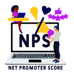 NPS - Net Promoter Score acronym, business concept background. Concept with keywords, letters and icons. Colored flat vector illustration. Isolated on white background.