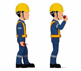 Set of worker is holding a walkie-talkie