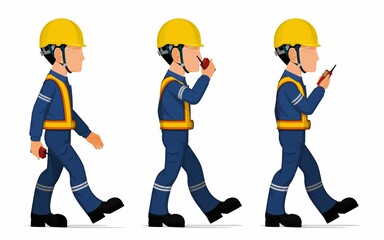 Set of worker is holding a walkie-talkie
