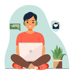 Home office concept, man working from home sitting on a sofa, student or freelancer. Cute vector illustration in flat style. The man is sitting at the laptop. Chat or send messages via laptop.