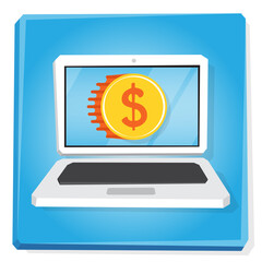 Cartoon vector illustration of notebook. Laptop screen with dollar gold coin.