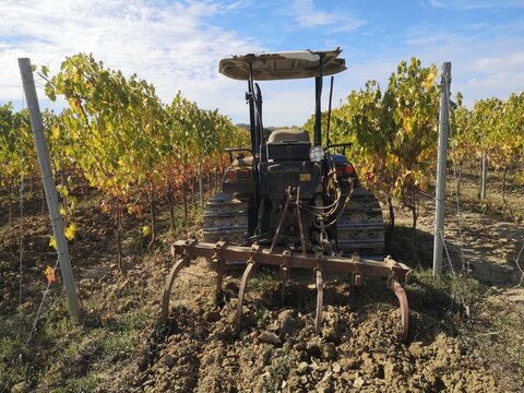 trattore con aratro nel filare della vigna in toscana