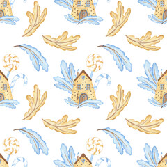Watercolor seamless pattern. Gentle elements: house, candies, branches. Nice illustration for textile, wrapping paper