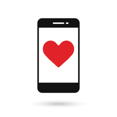 Mobile phone flat design icon with red heart sign.