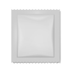Blank sachet packet with scalloped edges isolated on white background, vector mock-up. Individual plastic wrapping bag for cosmetic, medical or food product - mockup. Template for design
