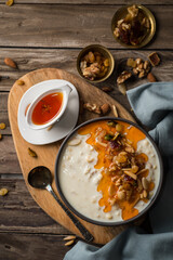 Close up Ashure or Noah's pudding is an islamic dessert made of grains, fruits, dried fruits and nuts.