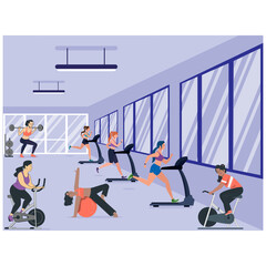 Female run on treadmill, equipment for fitness in gym, workout women, training exercise collection. Vector illustration