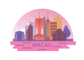 Modern style Macau city illustration. Macau, China line drawing. Macau flat illustration. Hand sketched poster, banner, postcard, card template for travel company, T-shirt, shirt. Vector EPS 10