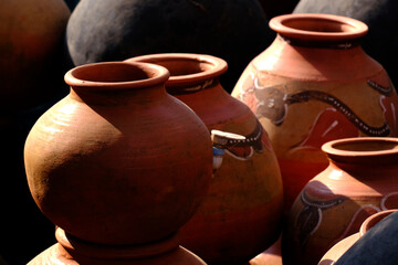 Fototapeta na wymiar Eco friendly clay pots, earthenware, Pottery background.