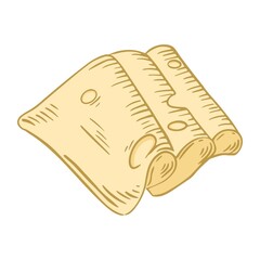 Served folded slices of cheese with holes, drawn vector illustration. Isolated plate of engraving handmade cheese. Maasdam dairy natural food sketch.