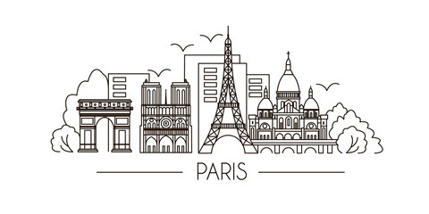 Paris holiday travel line drawing. Paris city flat illustration. Modern lineart Paris illustration. Hand sketched poster, banner, postcard, card template for travel company, T-shirt, shirt. Vector EPS