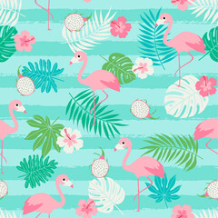 Cute flamingo, hibiscus, dragon fruit and tropical leaf seamless pattern with striped background.