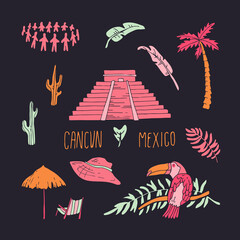 Modern style Cancun city illustration. Cancun cartoon doodle illustration. Cancun doodle drawing. Hand sketched poster, banner, postcard, card template for travel company, T-shirt, shirt. Vector EPS