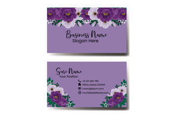 Business Card Template Purple Peony Flower .Double-sided Name Card Purple Colors. Flat Design Vector Illustration. Stationery Design