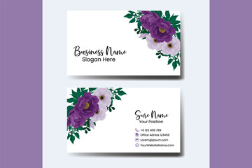 Business Card Template Purple Peony Flower .Double-sided Name Card Purple Colors. Flat Design Vector Illustration. Stationery Design