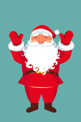 Christmas card. Funny cartoon Santa Claus with a huge red bag with gifts. Hand drawn text - Santa is coming. Red Santa hat. For Christmas and New Year posters, gift tags and labels. Santa waving hand