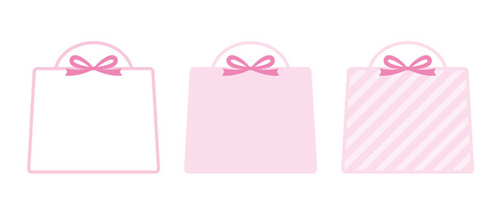 ギフトバッグ、プレゼント、ショップバッグのフレームイラストセット　ピンク色　お祝い　誕生日（横長）