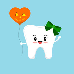Cute tooth with orange pumpkin balloon isolated vector icon. White tooth and balloon dental character for dentist halloween card. Flat design cartoon kawaii style illustration.