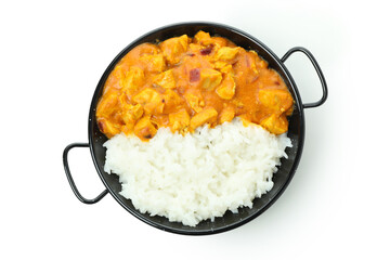 Chicken tikka with rice isolated on white background