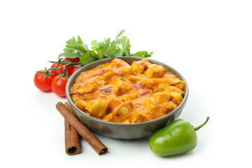 Concept of tasty food with chicken tikka isolated on white background