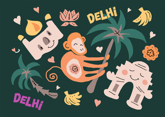 Delhi cartoon drawing. Delhi cartoon doodle illustration. Modern style Delhi city illustration. Hand sketched poster, banner, postcard, card template for travel company, T-shirt, shirt. Vector EPS 10
