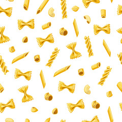 Paste seamless pattern. Various cartoon style pasta. Decor of the Italian restaurant menu. Vector background