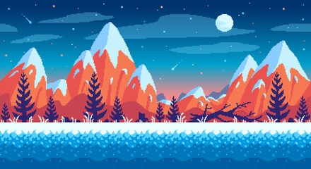 Snowy mountains, fir trees and a starry sky. Pixel art game location.