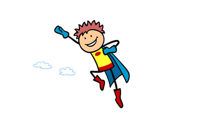 Superhelden Junge mit Kostüm im Flug