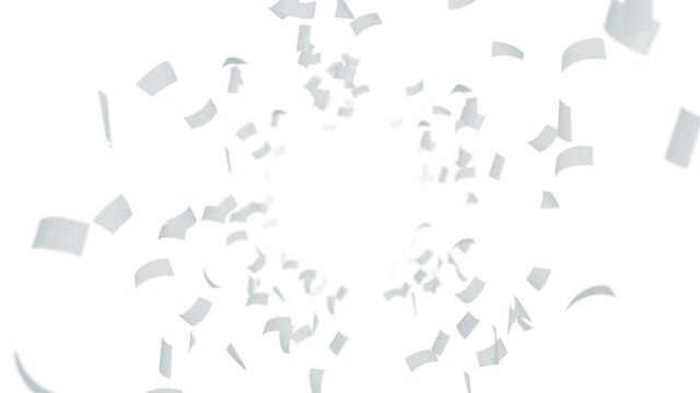 Many papers floating in air on white background. Business and education concept.  White confetti. 3D loop animation.