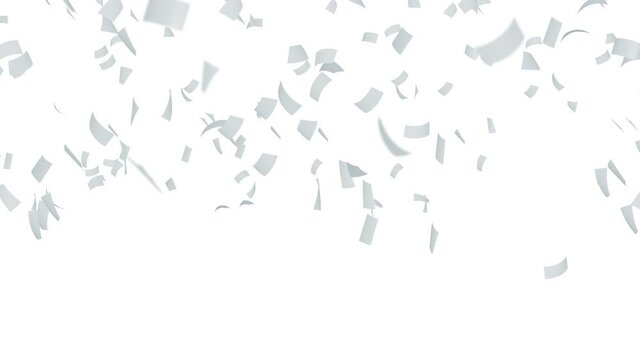 Many papers floating in air on white background. Business and education concept.  White confetti. 3D loop animation.