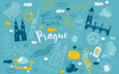 Prague, Czech doodle drawing. Prague doodle illustration. Modern style Prague city illustration. Hand sketched poster, banner, postcard, card template for travel company, T-shirt, shirt. Vector EPS 10