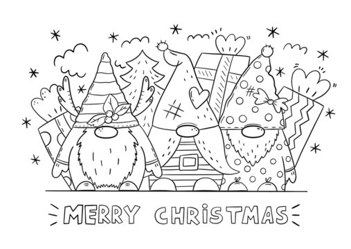 Christmas gnomes coloring book page. Merry Christmas coloring card for kids.