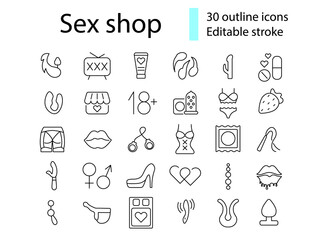Sex shop outline icons set. Erotic goods. Sexual accessory. Editable stroke. Isolated vector illustration