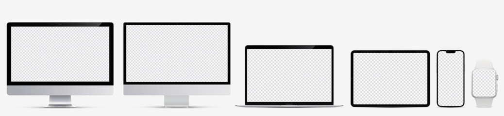 Device screen mockup. Monoblock monitor 2 tipes, Laptop, Tablet and smartphone, with blank screen for you design. Vector EPS10	