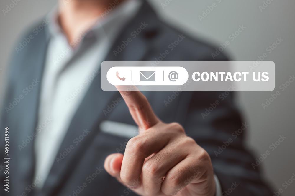 Poster Concept of customer service, technology, the internet, and networking - a businessman presses buttons contact us on virtual displays.