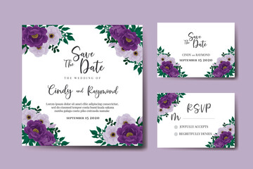 Modern Wedding invitation frame set, floral watercolor Digital hand drawn Purple Peony Flower design Invitation Card Template